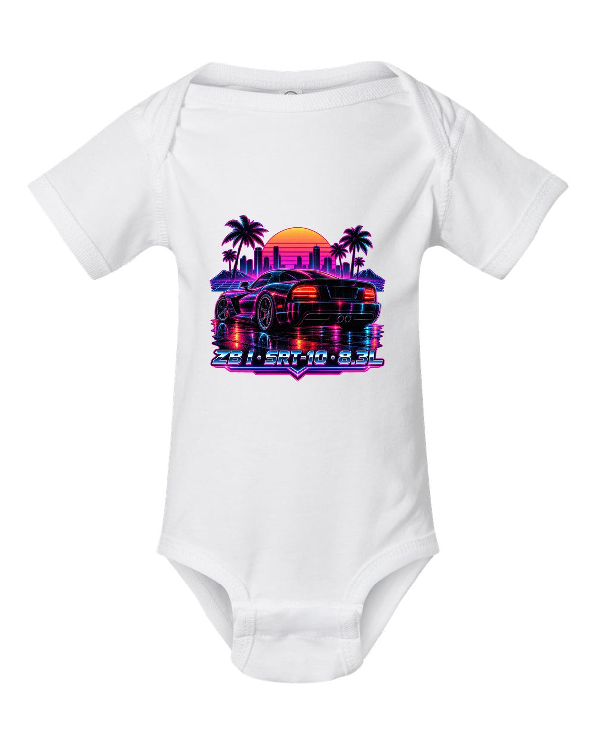 Synthwave neon rain street print of a 2005 Dodge Viper SRT-10 ZB I tail white baby onesie front view with the design