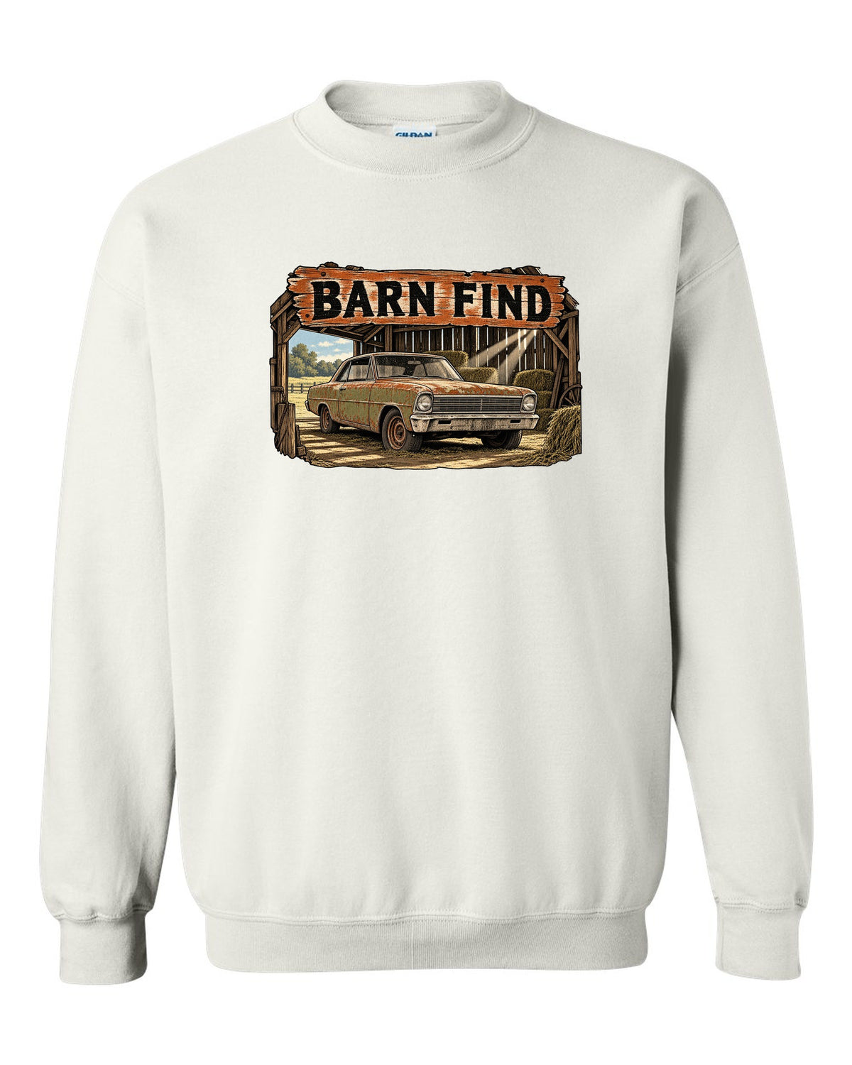 Retro manga halftone print of a 1966 Chevrolet Nova Chevy II with the text Barn Find white crewneck front view with the design
