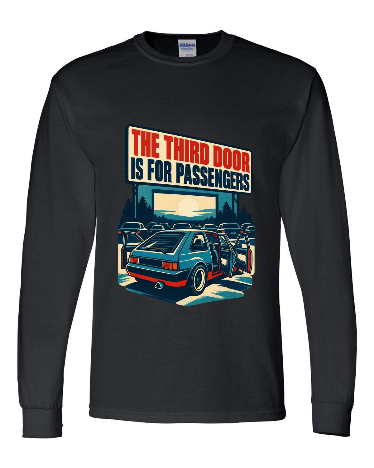 1960s litho race poster print of a Hyundai Veloster N JS with third door text black long sleeve front view with the design