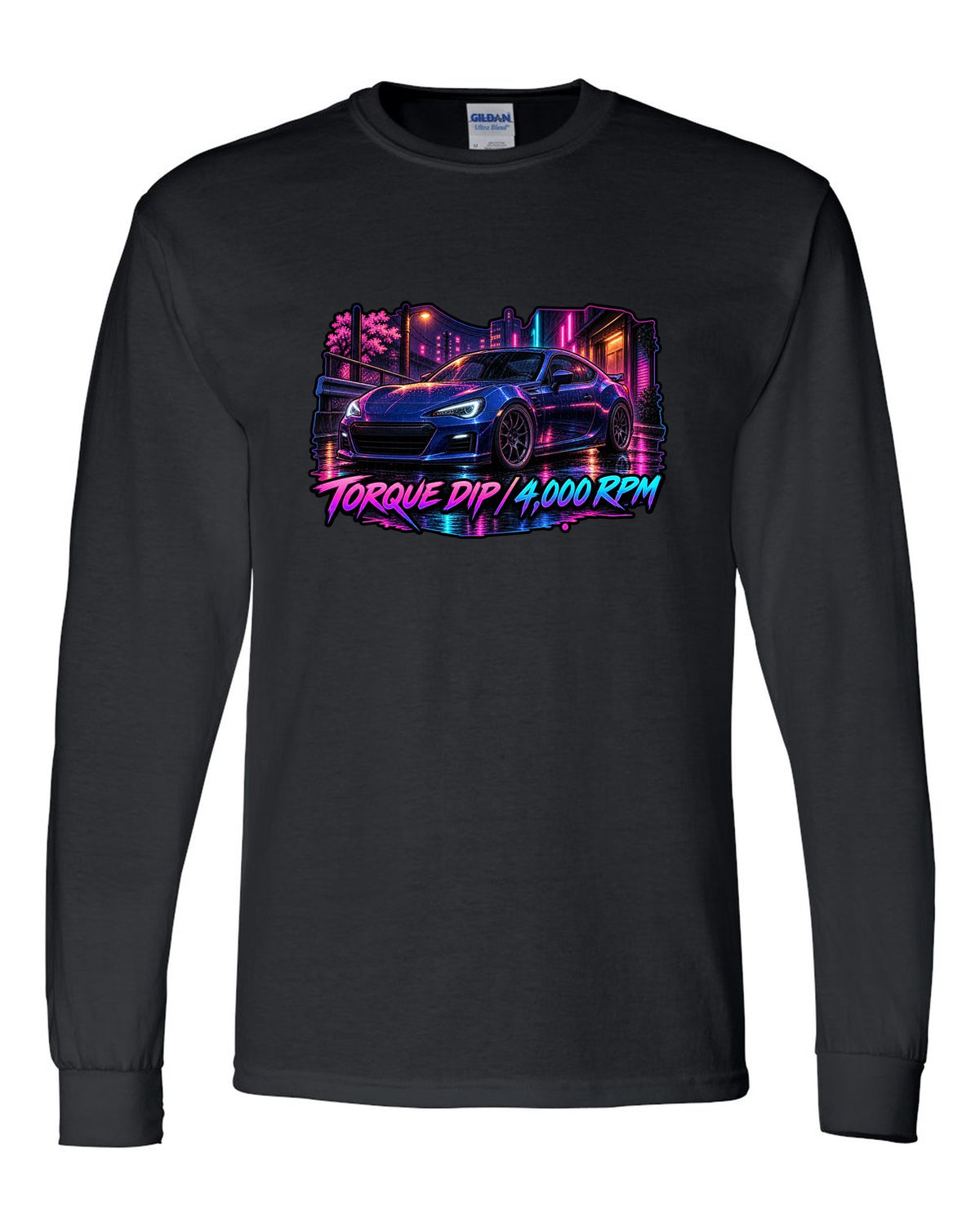 Spray-paint graffiti style Subaru BRZ ZD8 drifting with FA24 2.4L dip fixed text black long sleeve front view with the design
