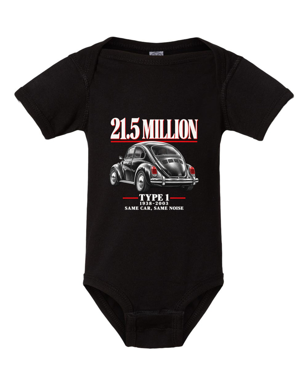 Editorial print of a VW Beetle Type 1 1303 Super Beetle three-quarter rear black baby onesie front view with the design