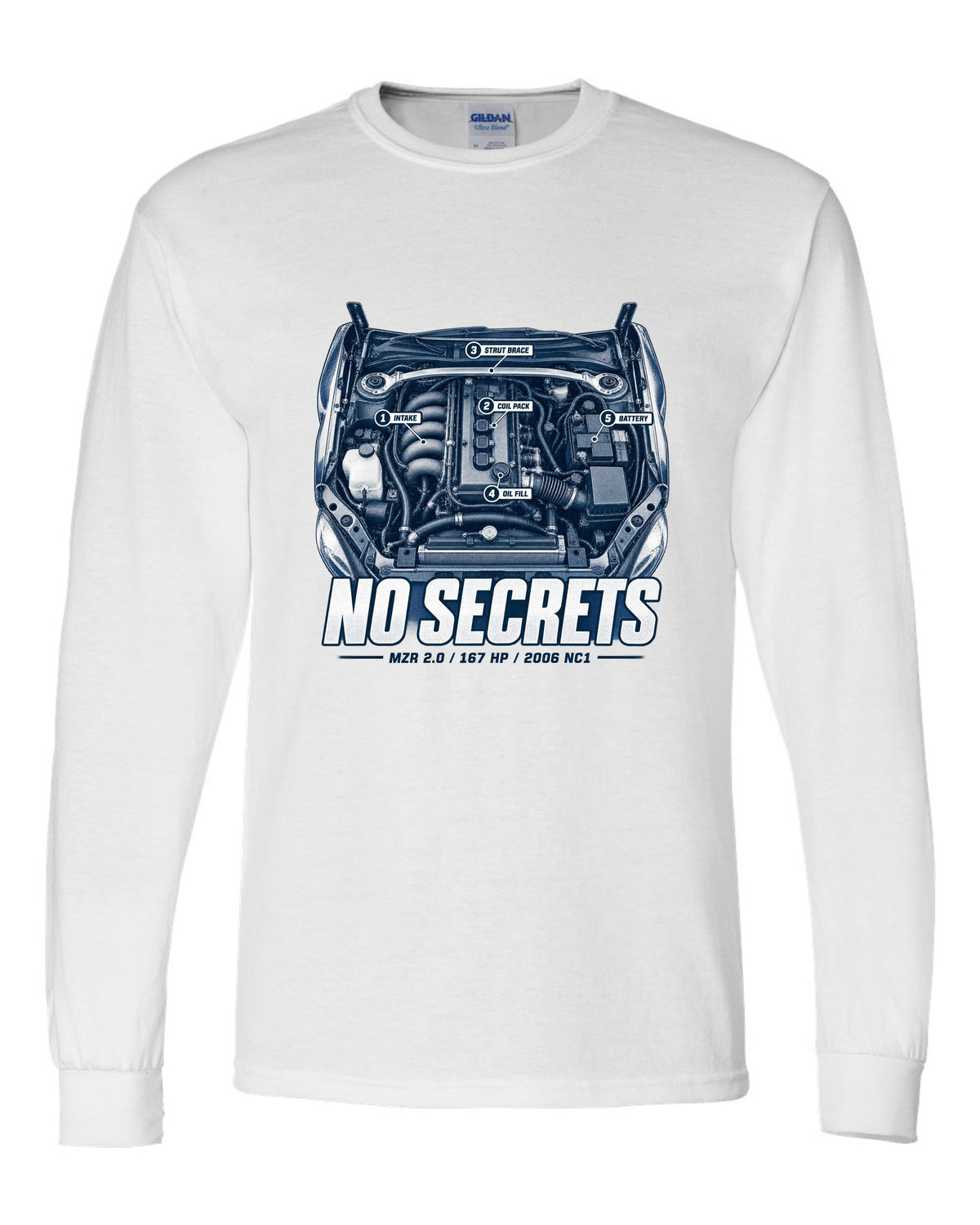Engine hero print for the 2006 Mazda MX-5 NC1 with MZR 2.0 and 167 HP lettering white long sleeve front view with the design