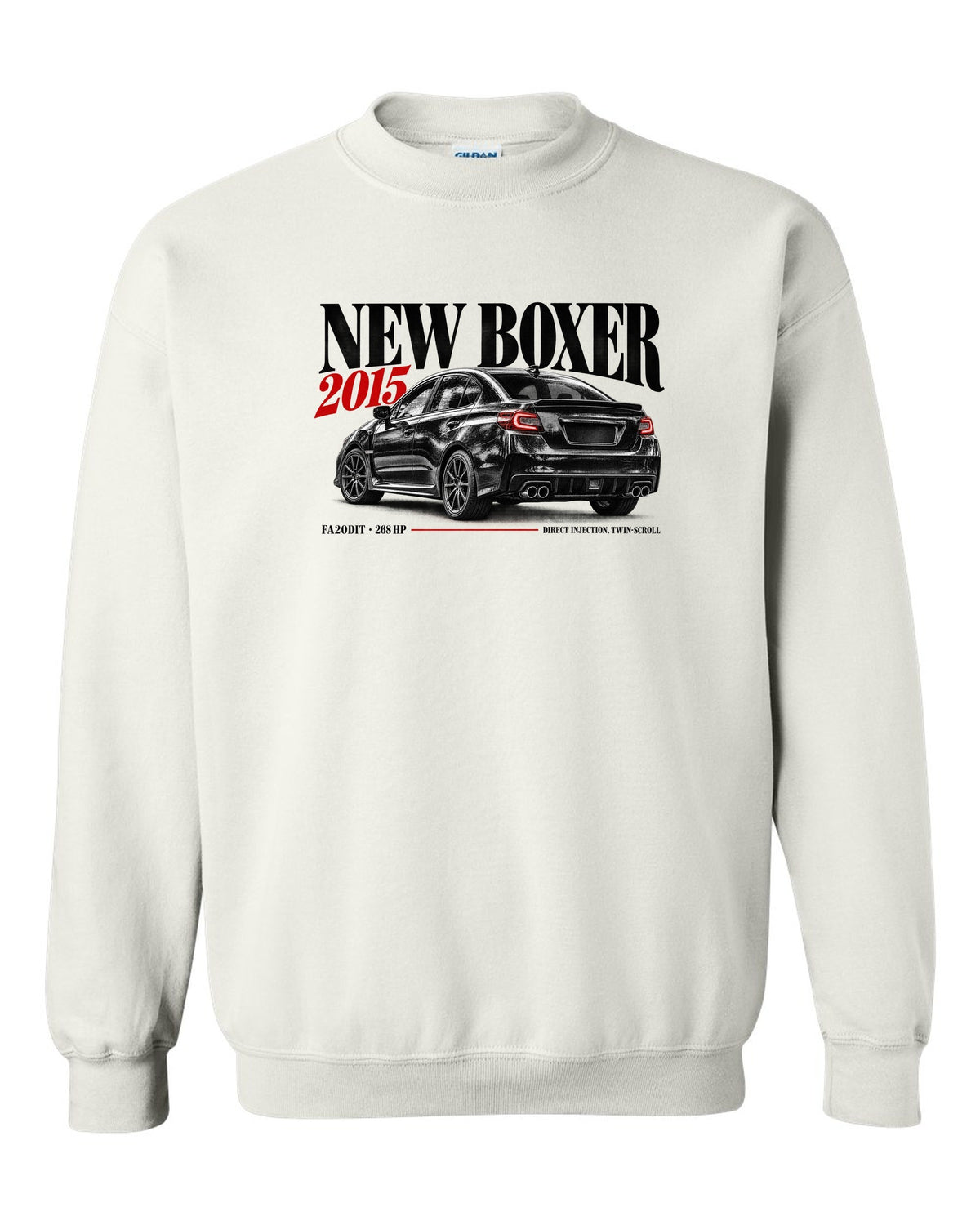 Editorial headline print for the Subaru WRX VA saloon reading New Boxer, 2015, FA20DIT, 268 HP white crewneck front view with the design