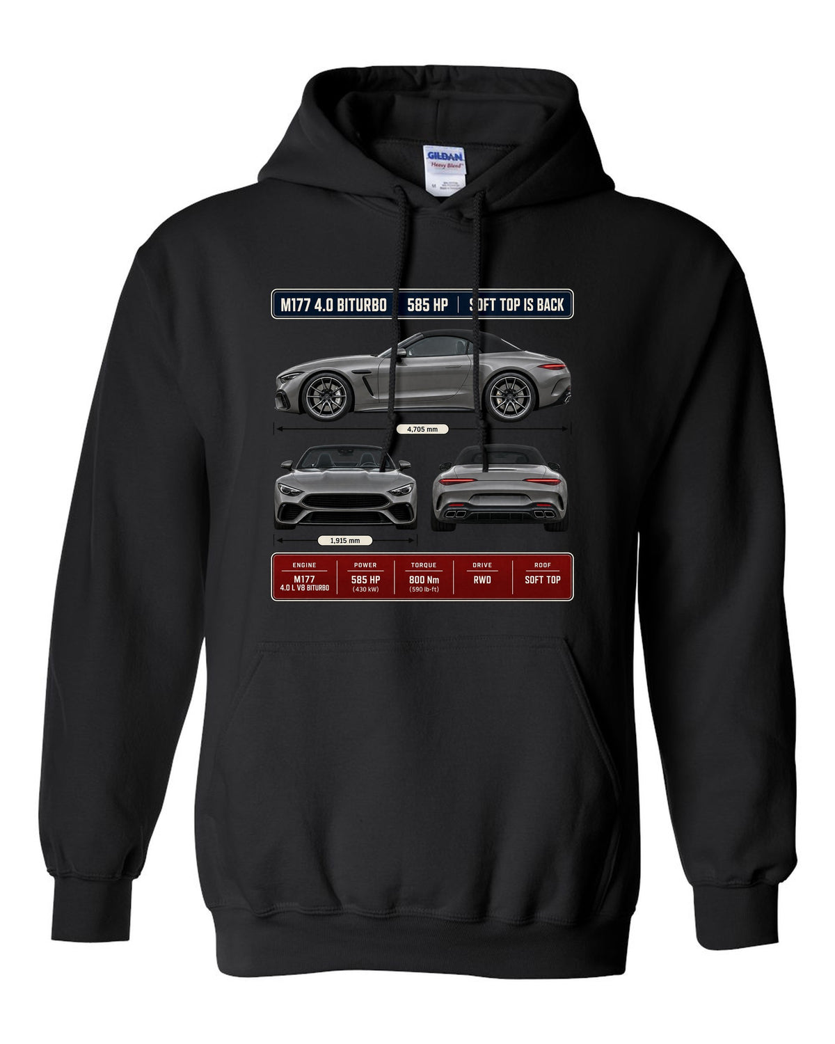 Mercedes-AMG SL63 R232 Three-View Spec black pull over hoodie front view with the design