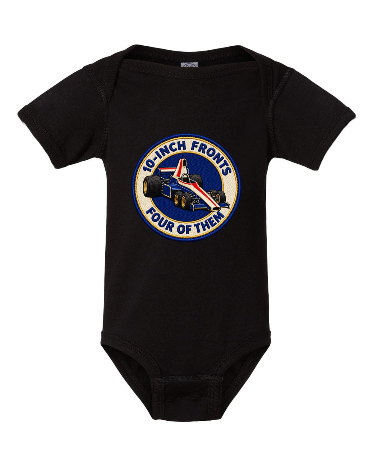 Varsity crest print of the Tyrrell P34 with 10-inch fronts, four of them lettering black baby onesie front view with the design