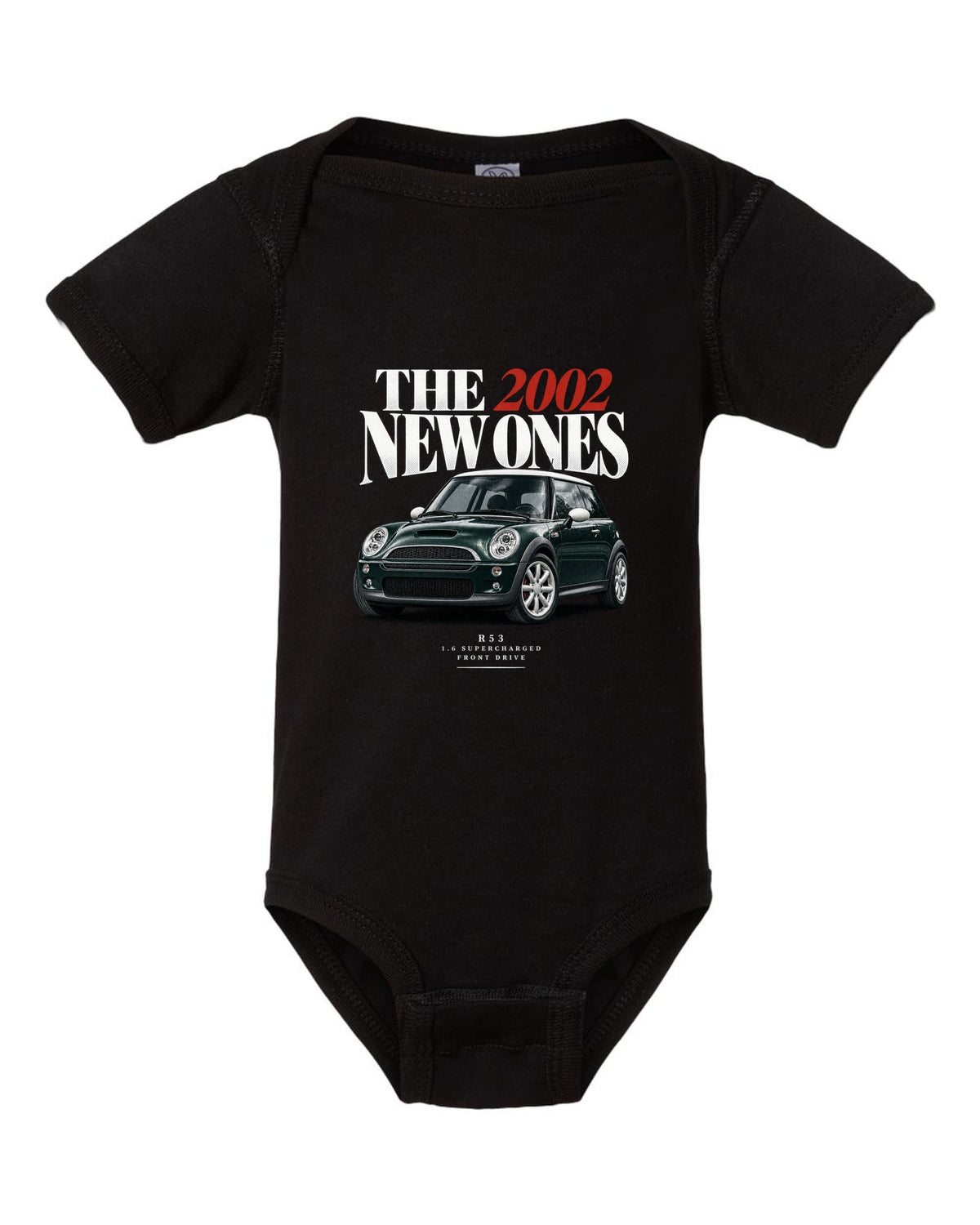 Mini Cooper S R53 dark green with white roof editorial headline print black baby onesie front view with the design
