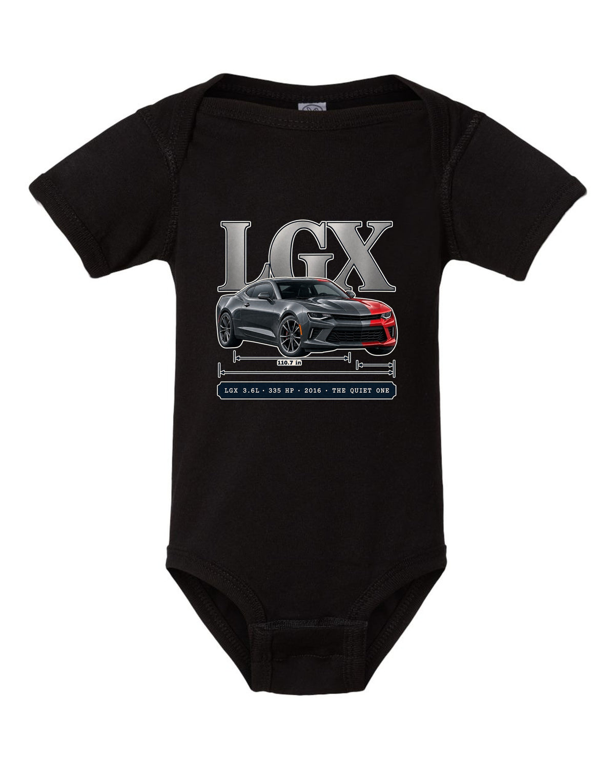 Archive panel print of a 2016 Chevrolet Camaro V6 with LGX 3.6L black baby onesie front view with the design