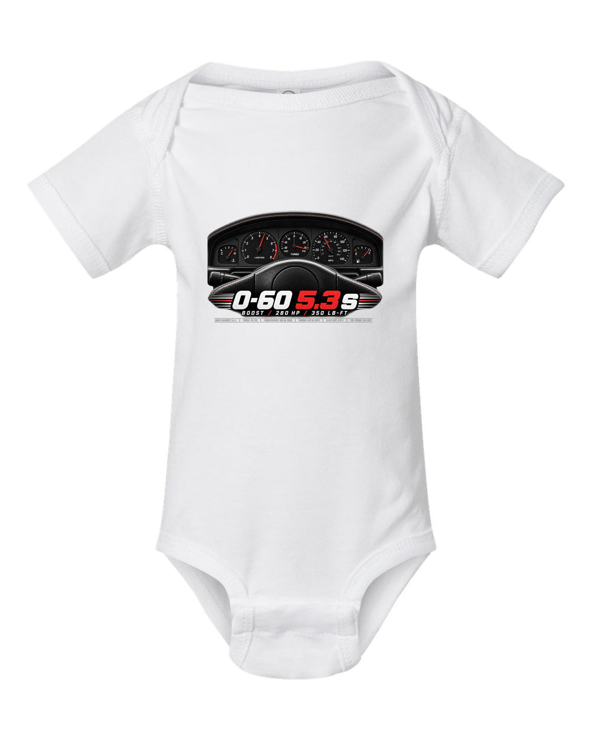 print of a 1991 GMC Syclone gauge cluster crop with boost and speed figures white baby onesie front view with the design