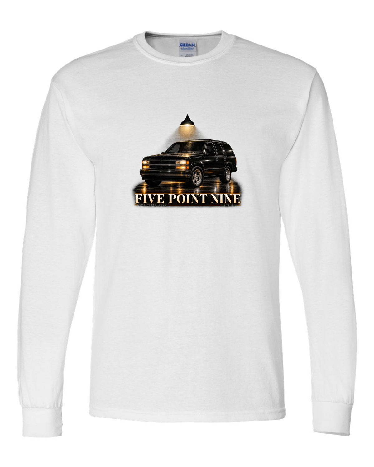 Garage night print for the 1998 Jeep Grand Cherokee ZJ 5.9 Limited white long sleeve front view with the design