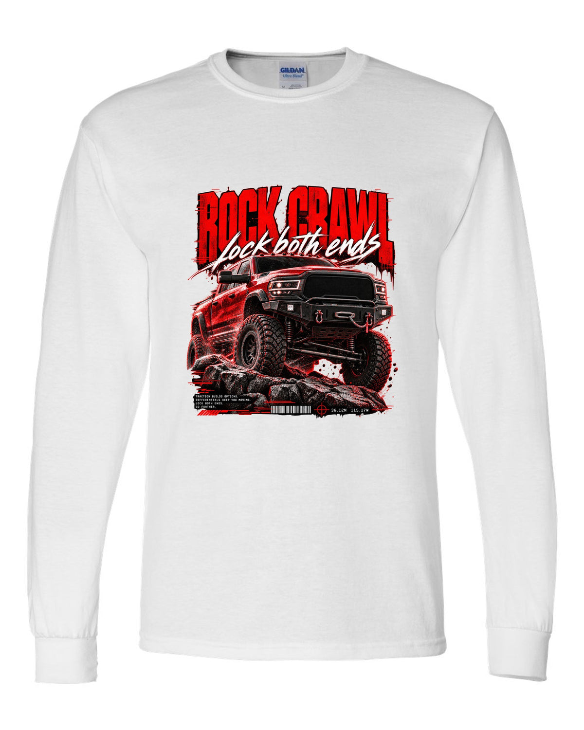 Street poster print of a 2019-2024 Ram 2500 Power Wagon with winch bumper white long sleeve front view with the design