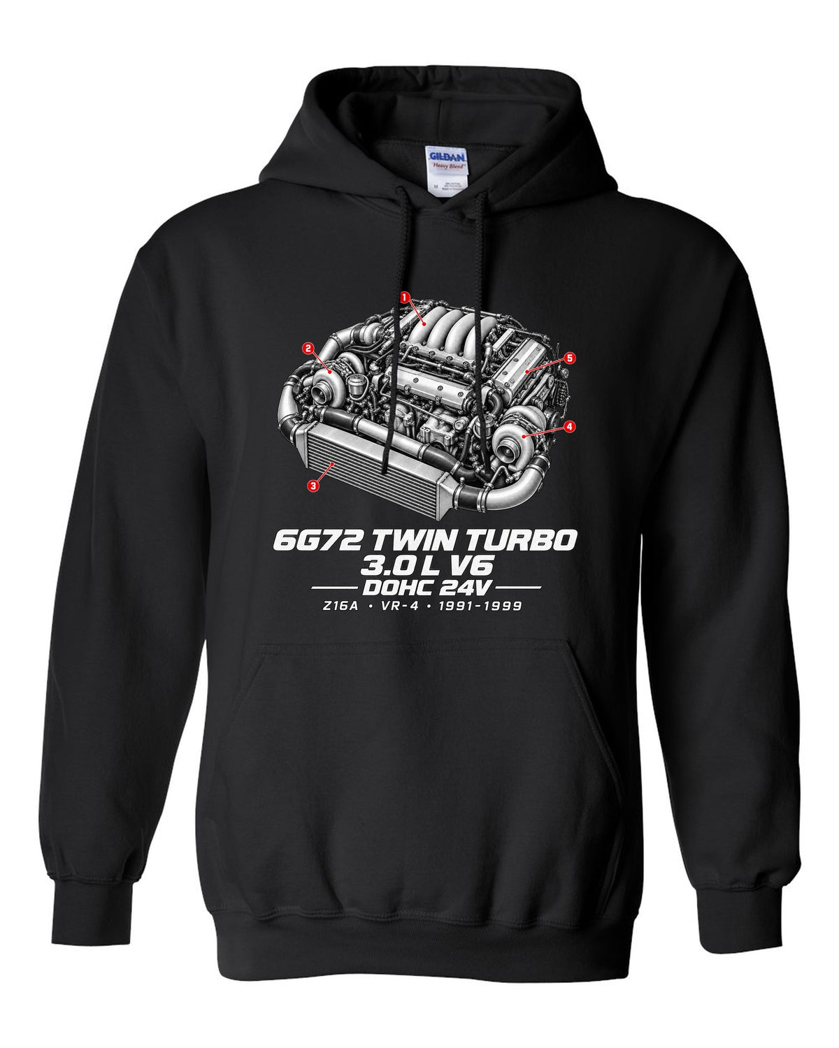 Mitsubishi 3000GT VR-4 Z16A engine bay with 6G72 twin turbo V6 specs black pull over hoodie front view with the design