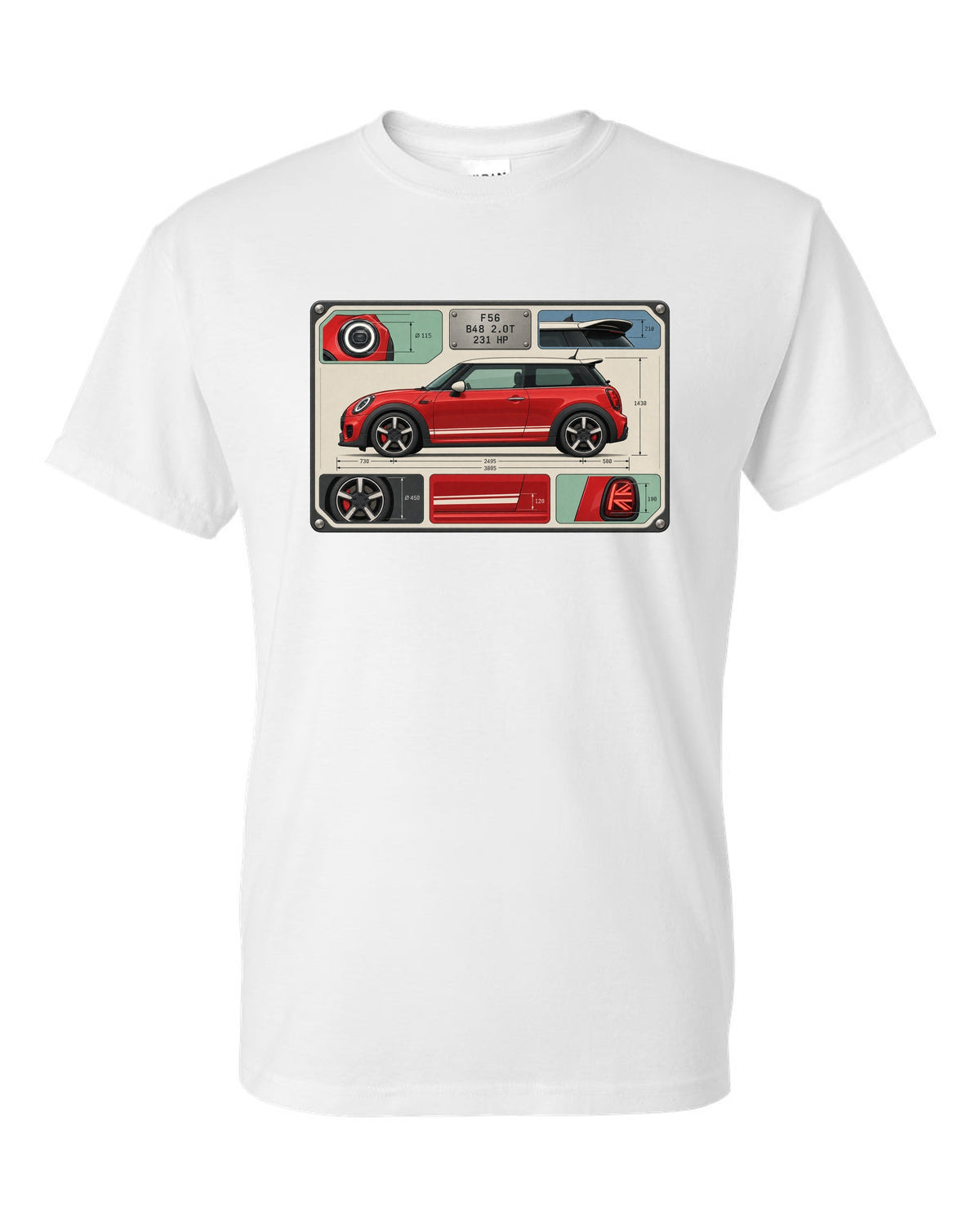 Spec-sheet data plate for the Mini JCW F56 with B48 2.0T and 231 HP white t-shirt front view with the design