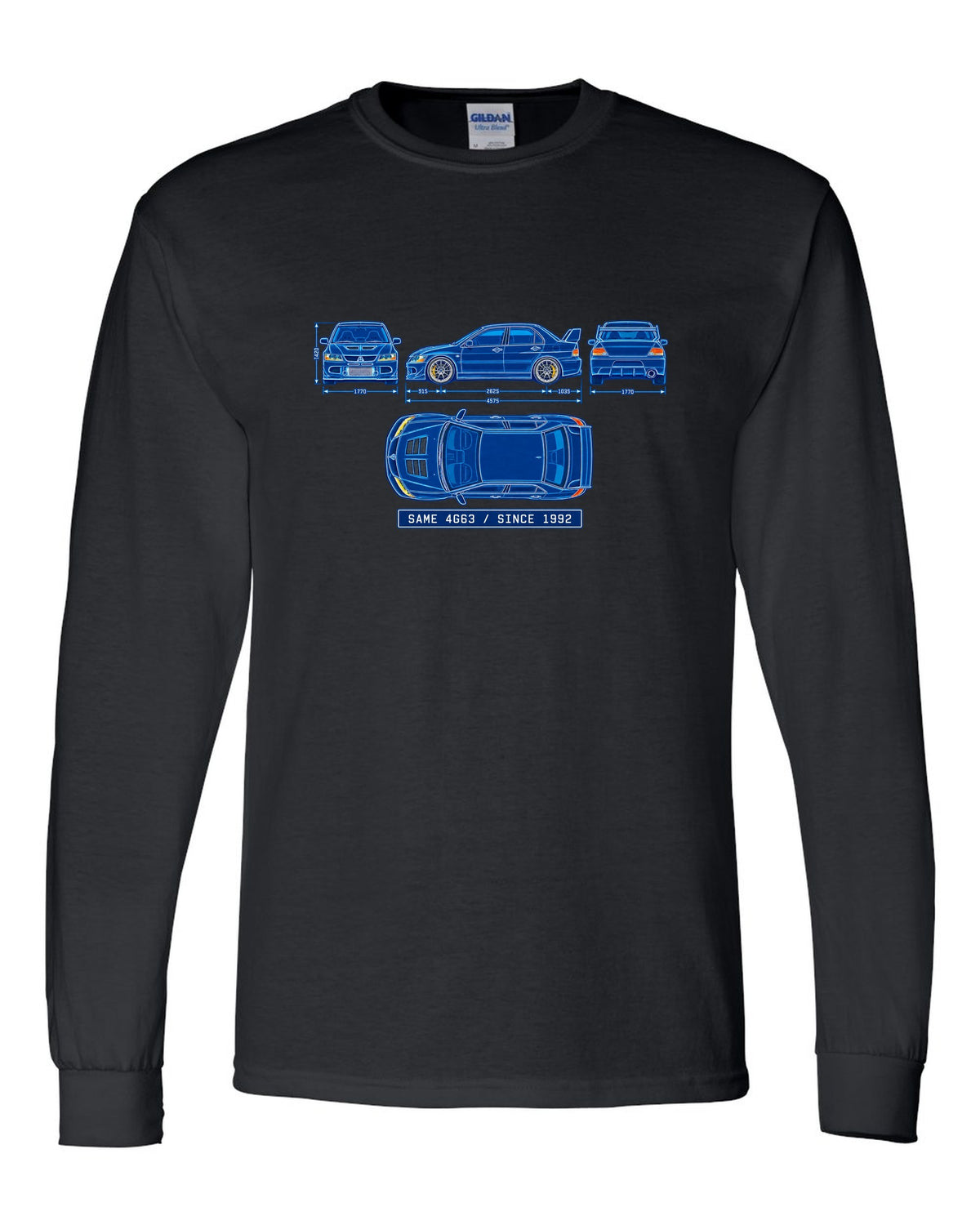 Embroidered patch style print of a boost gauge for the Mitsubishi Evo IX CT9A with boost gauge doesn't lie text black long sleeve front view with the design