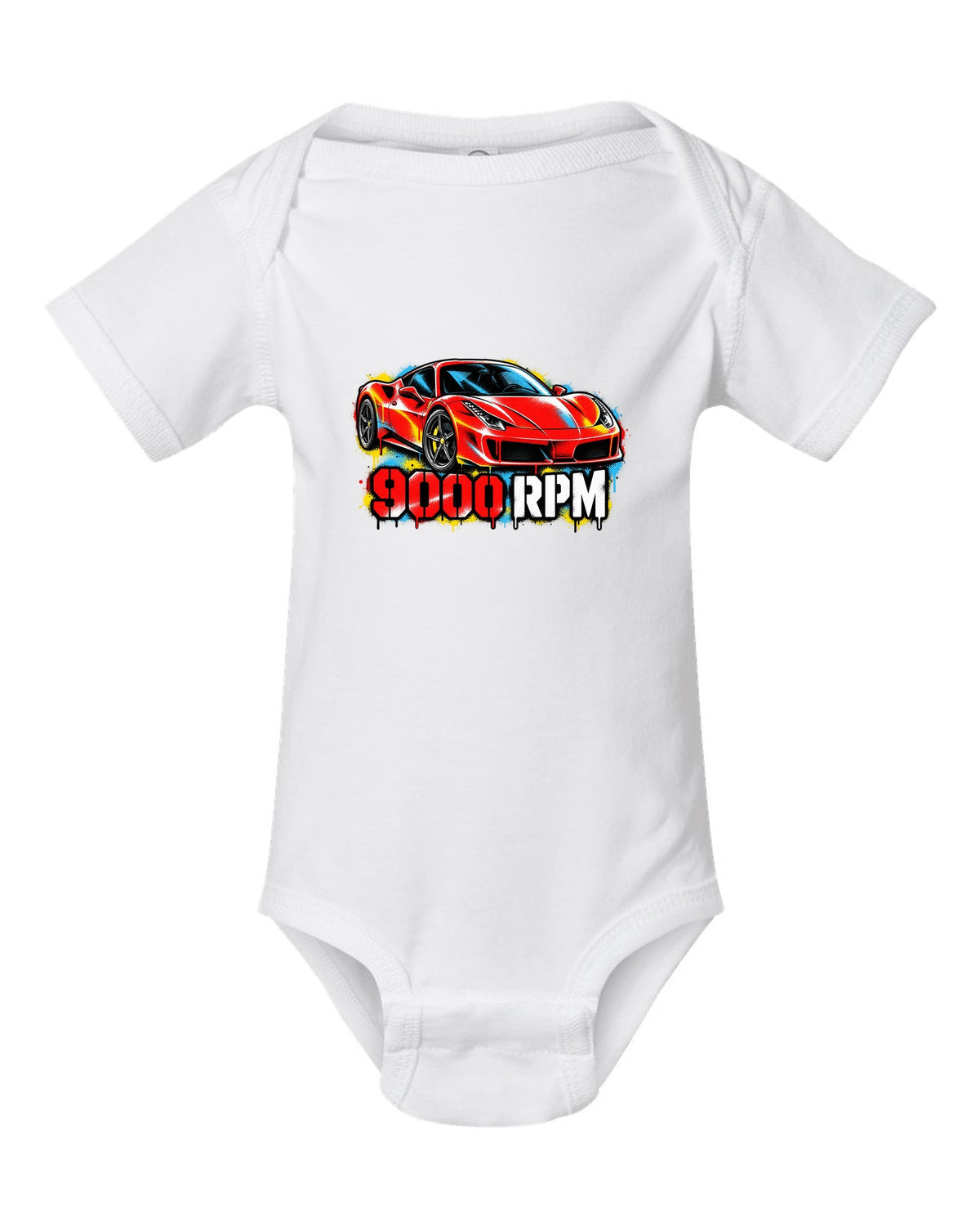 Stencil spray street art of the Ferrari 458 Italia with 9000 RPM text white baby onesie front view with the design