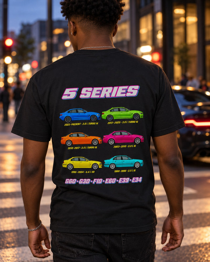 BMW 5 Series Evolution Poster Full-Back Graphic Tee T-Shirt Black worn hero