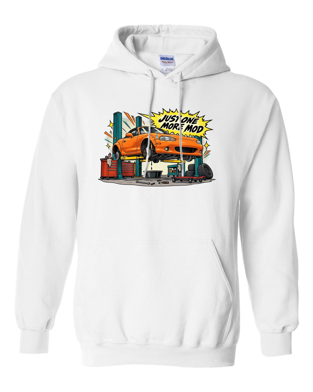 Retro manga halftone panel print of a Mazda MX-5 NB in a workshop with the text Just One More Mod white pull over hoodie front view with the design