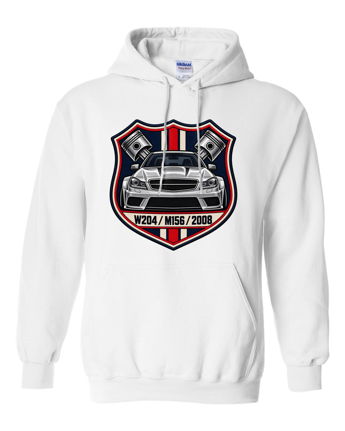 Embroidery-style varsity crest for Mercedes C63 AMG W204 with M156 and 2008 white pull over hoodie front view with the design