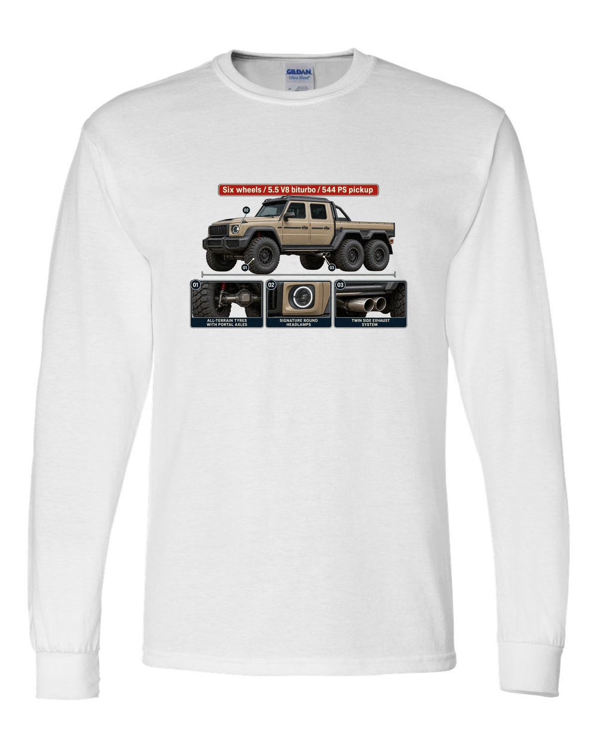 Dossier panel print of a Mercedes-Benz G63 AMG 6x6 W463 pickup white long sleeve front view with the design