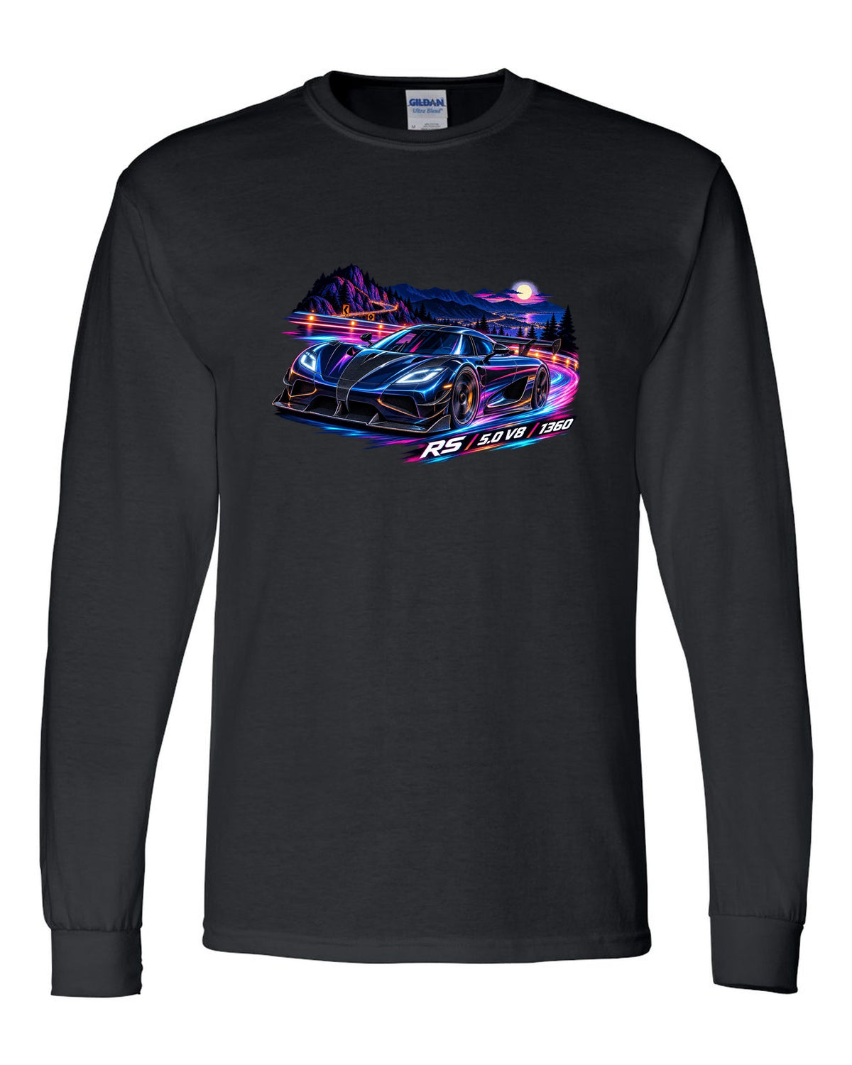 Cel-shaded anime night mountain pass illustration of a Koenigsegg Agera RS with RS 5.0 V8 1360 lettering black long sleeve front view with the design