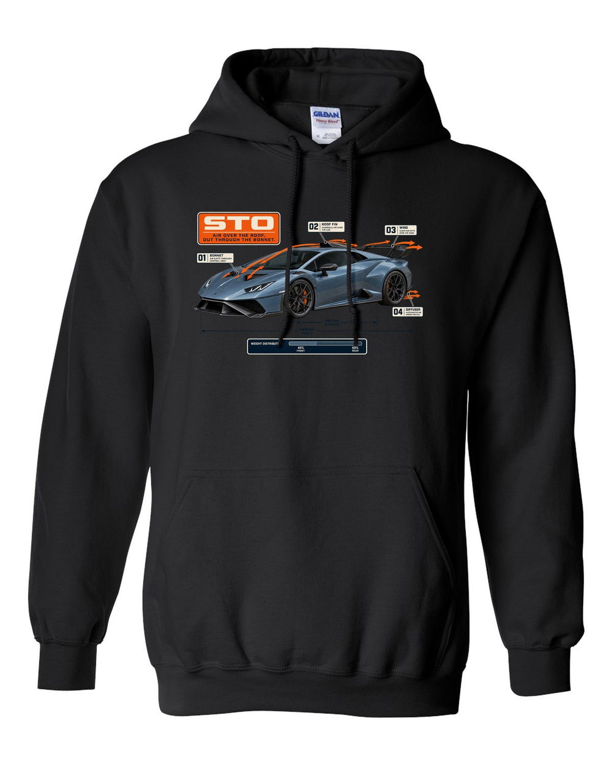 Aero callout print of the Lamborghini Huracan STO showing airflow black pull over hoodie front view with the design