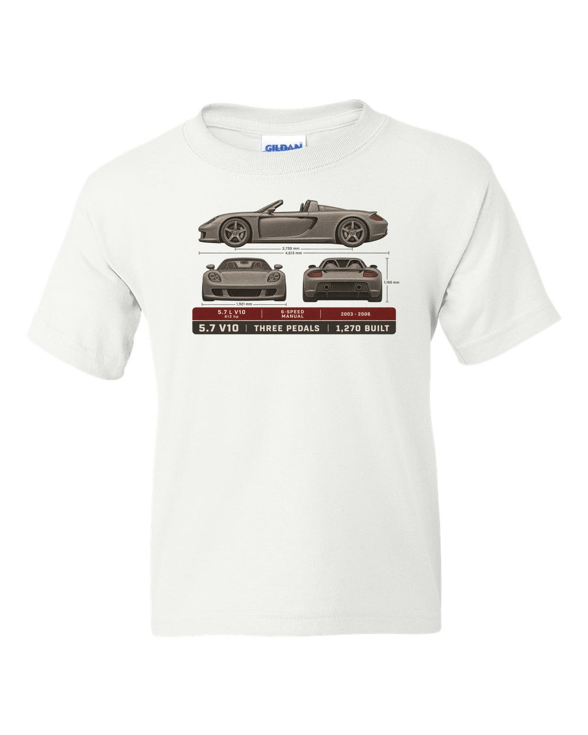 Porsche Carrera GT three-view and spec table print design white kids tee front view with the design