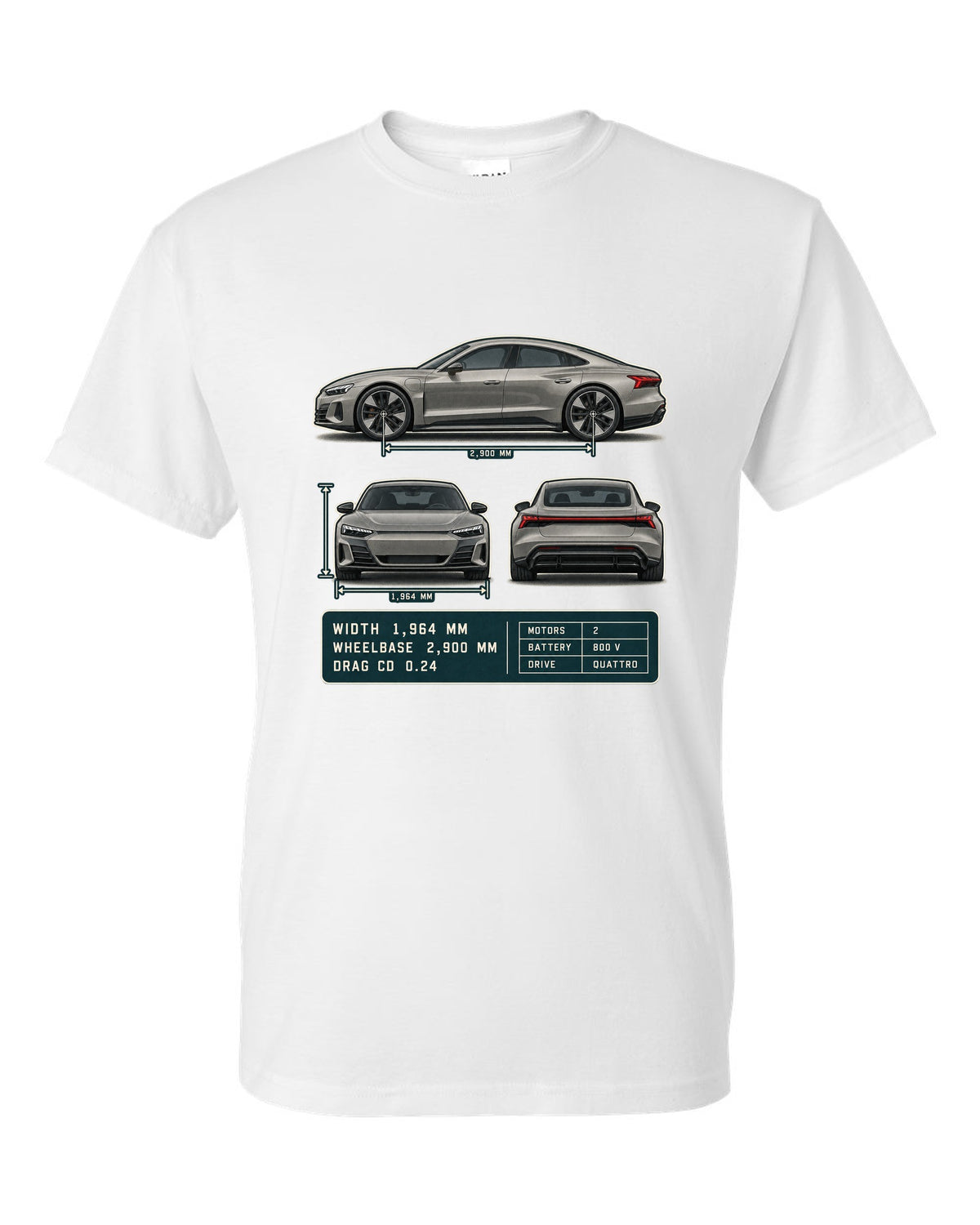 Audi RS e-tron GT Three-View Spec Table Tee, Cd 0.24 Car white t-shirt front view with the design