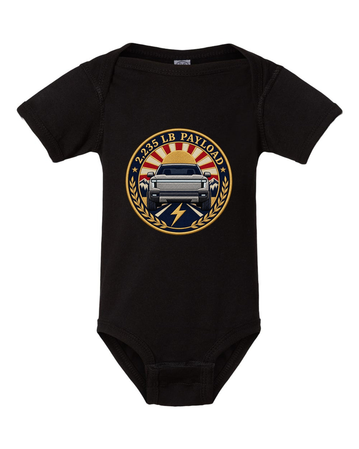 Ford F-150 Lightning embroidery-style round crest with 2,235 lb payload text black baby onesie front view with the design