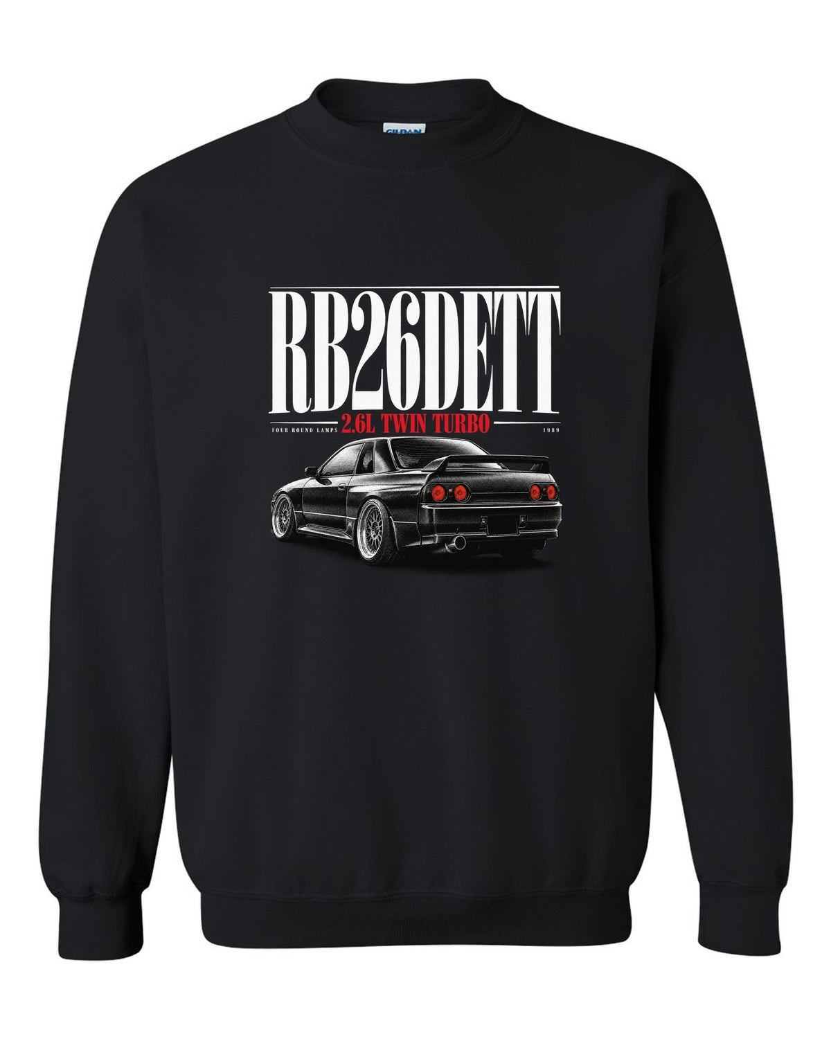 Editorial headline print of a Nissan Skyline GT-R R32 BNR32 with RB26DETT text black crewneck front view with the design