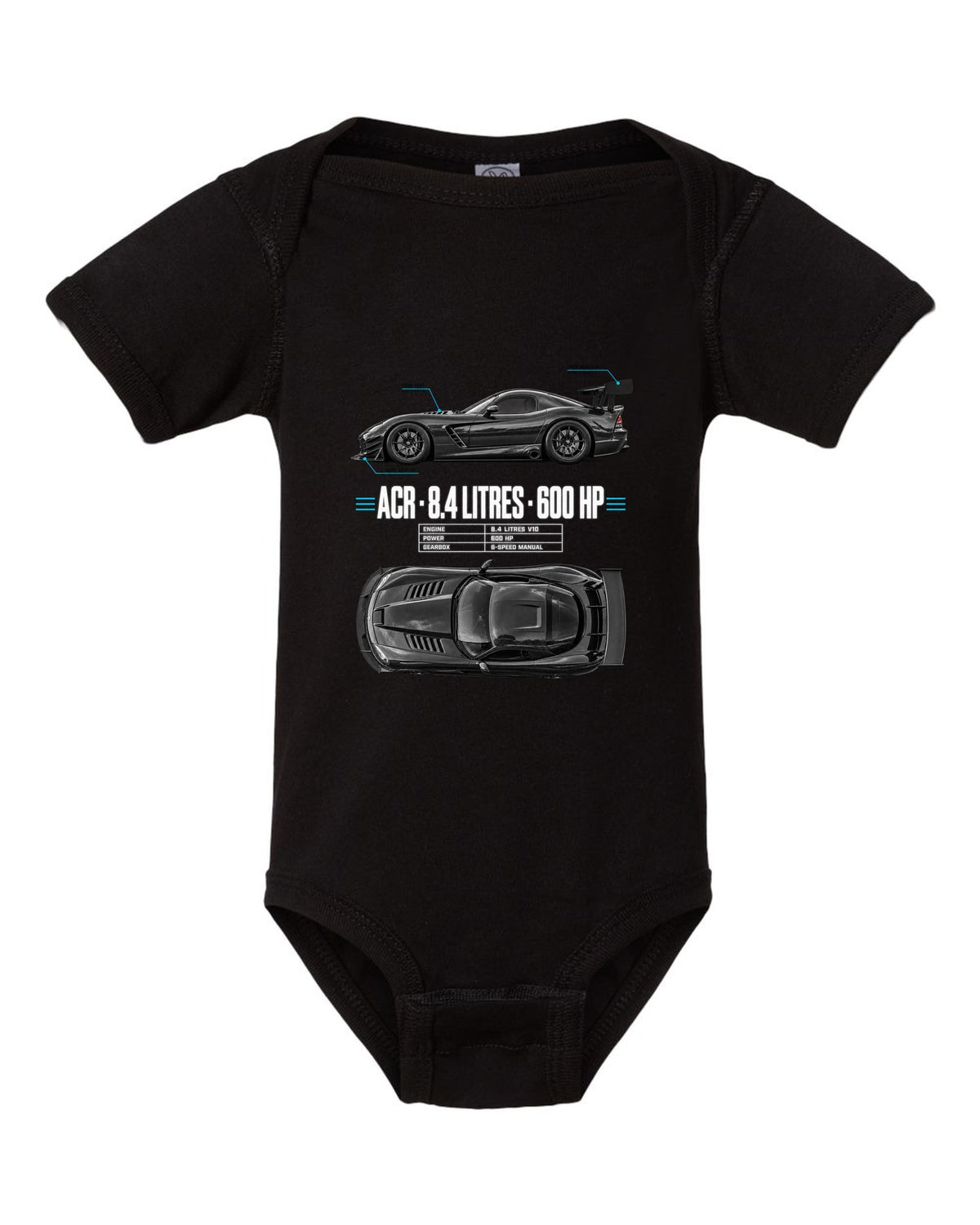 2008 Dodge Viper ACR ZB II top-down and profile spec poster print black baby onesie front view with the design