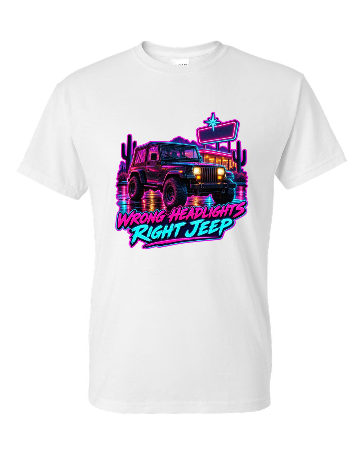 Synthwave diner scene illustration of a Jeep Wrangler YJ with WRONG HEADLIGHTS RIGHT JEEP lettering white t-shirt front view with the design
