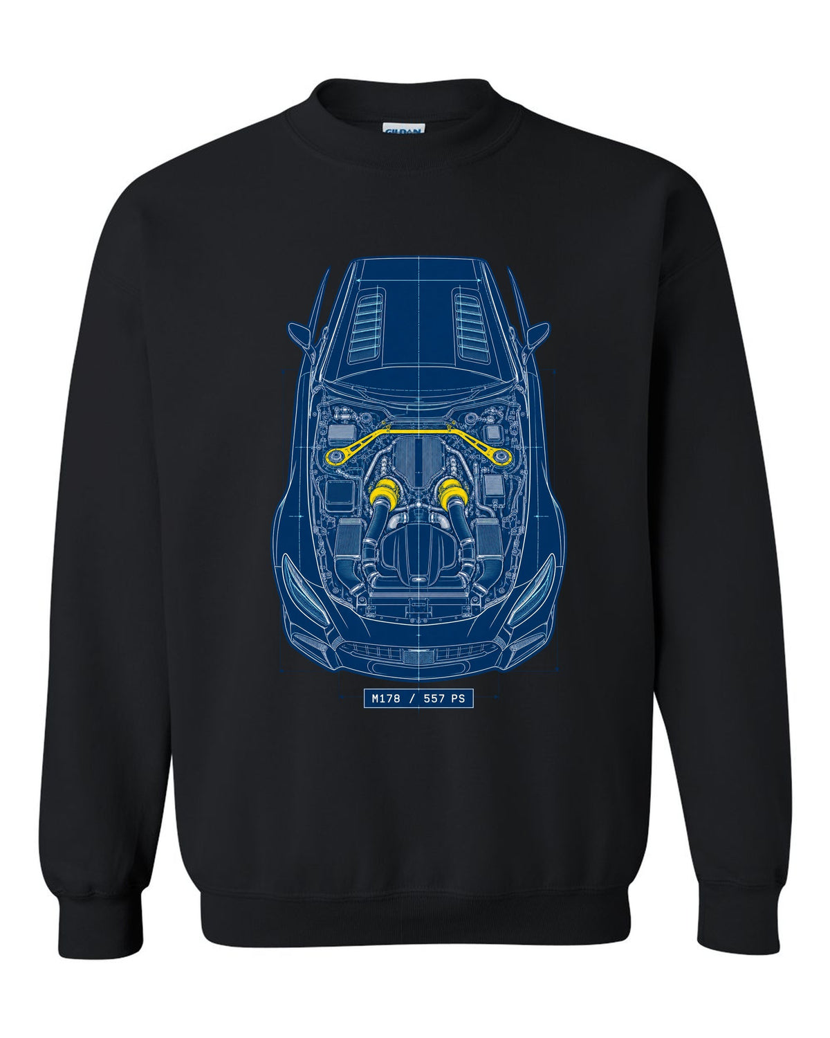 Neon synthwave illustration of Mercedes AMG GT R C190 tail lights with M178 4.0 Biturbo text black crewneck front view with the design