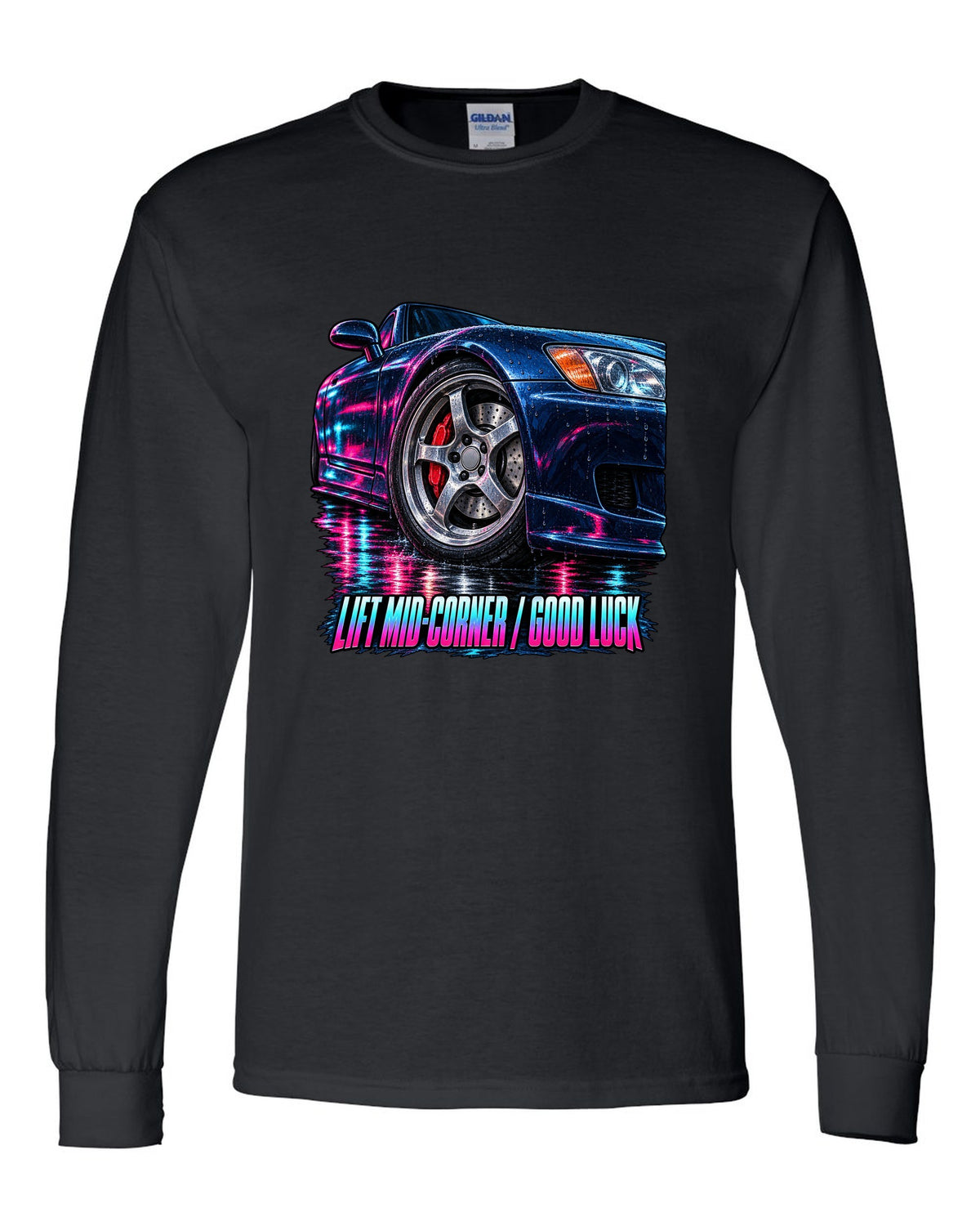Cinematic macro painting print of a Honda S2000 AP1 cornering with lift mid-corner good luck text black long sleeve front view with the design