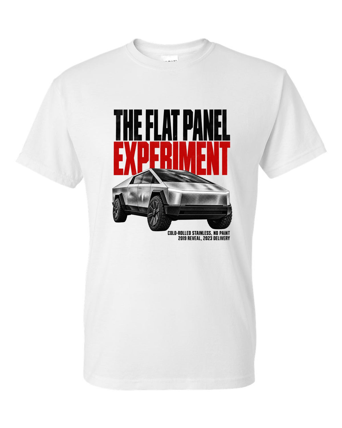 Halftone print of a 2023-24 Tesla Cybertruck with cold-rolled stainless text white t-shirt front view with the design