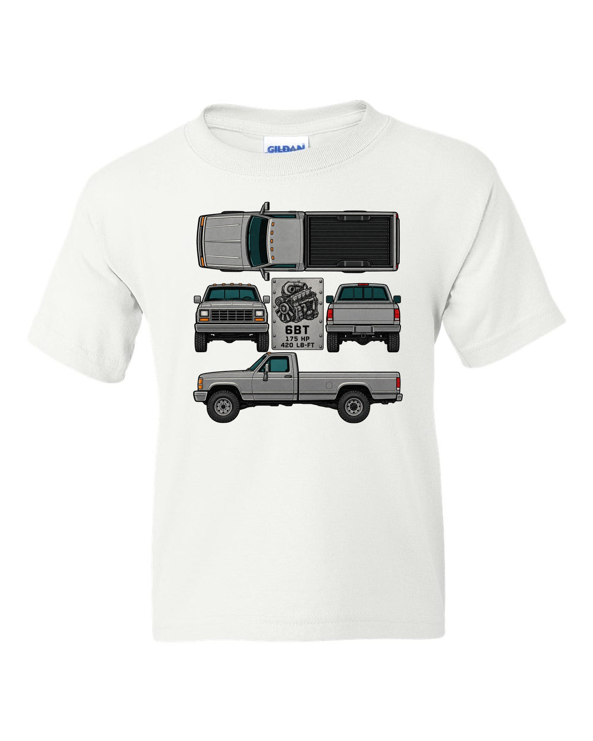 Spec-sheet data plate print of a Dodge Ram D250 6BT Cummins with horsepower and torque white kids tee front view with the design