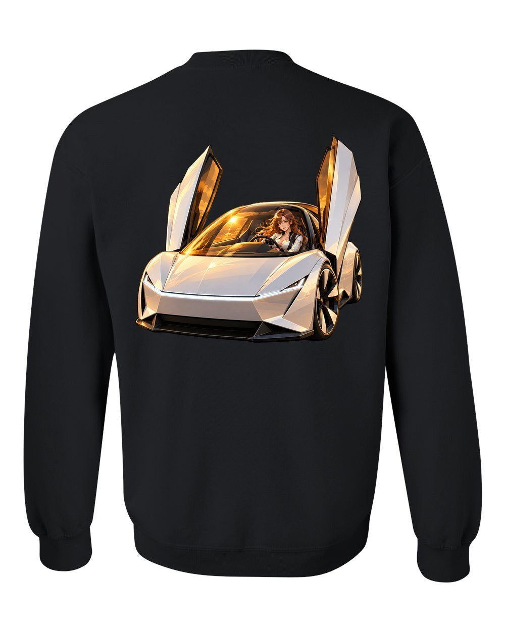 Tesla Roadster Golden Hour Anime Girl Crewneck Black back