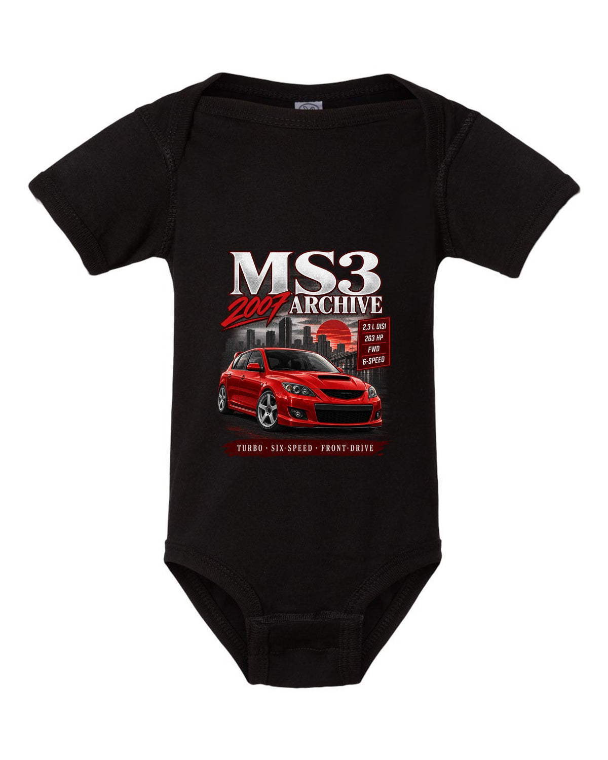 Mazdaspeed3 front three-quarter archive panel with MS3 Archive 2007 heading black baby onesie front view with the design