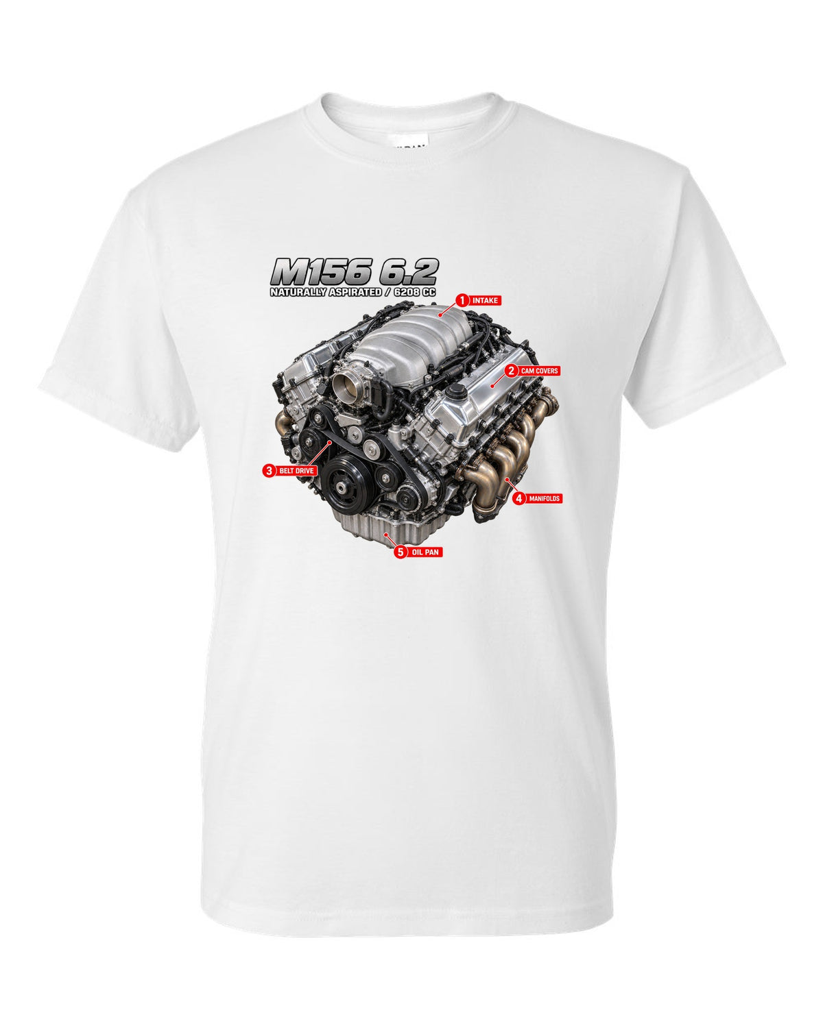 print of the Mercedes W204 C63 M156 6.2 V8 engine with text naturally aspirated 6208 cc white t-shirt front view with the design