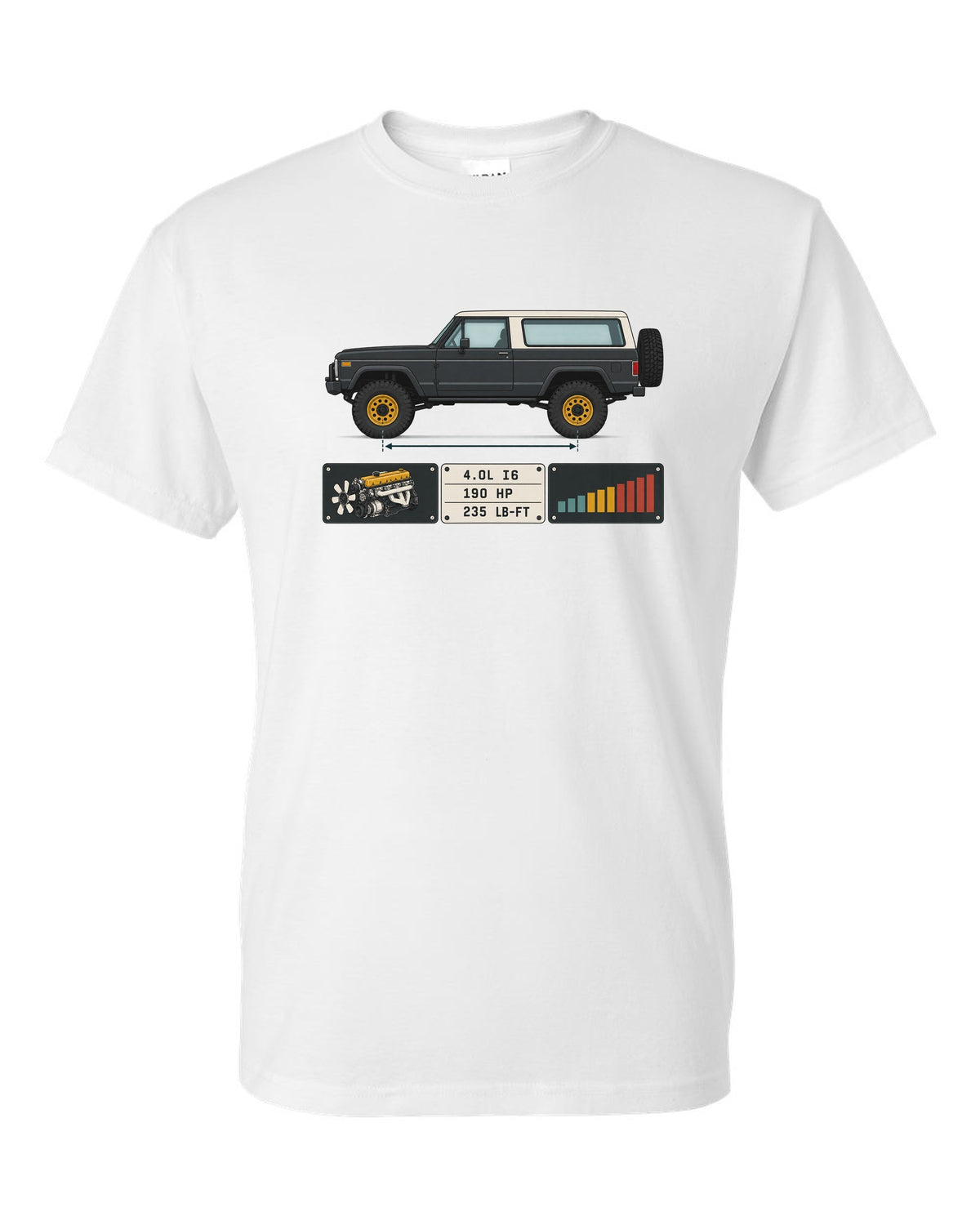 Jeep Wrangler LJ Unlimited spec sheet data plate design with 4.0L I6 190 HP 235 lb-ft white t-shirt front view with the design