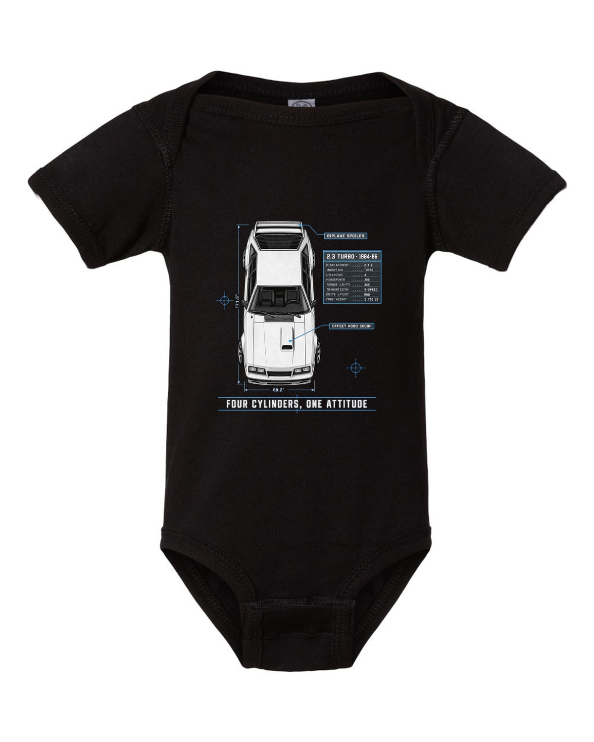 Spec poster print of a 1984-86 Fox Body Mustang 2.3 turbo chback black baby onesie front view with the design