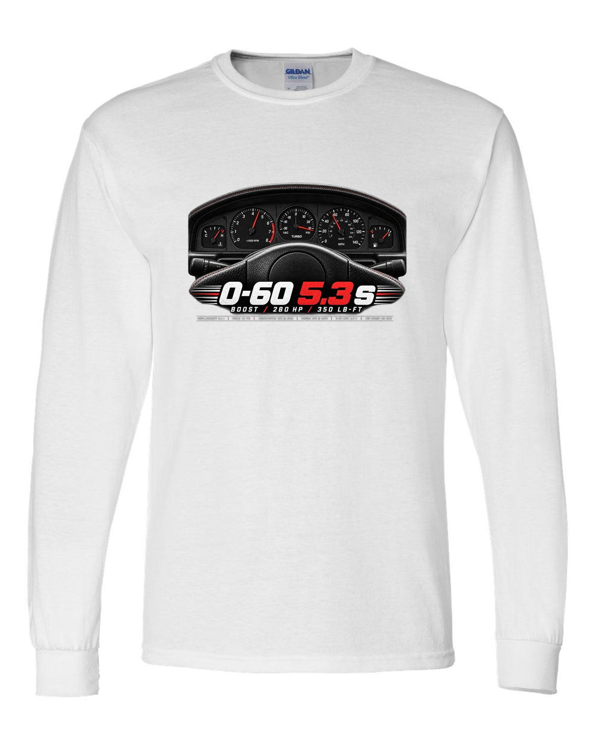 print of a 1991 GMC Syclone gauge cluster crop with boost and speed figures white long sleeve front view with the design