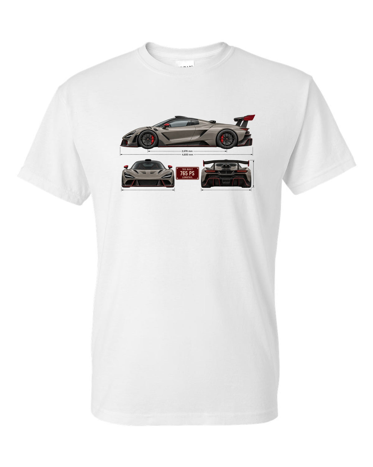 Three-view spec print of a McLaren 765LT, 765 built, 765 PS white t-shirt front view with the design