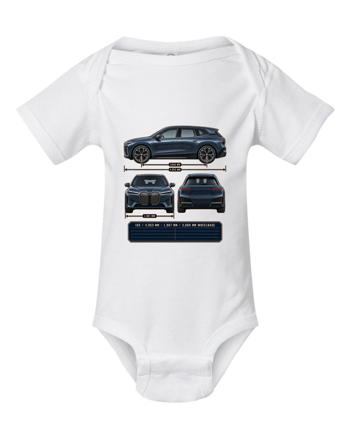Three-view drawing and spec table print of the BMW iX M60 I20 white baby onesie front view with the design