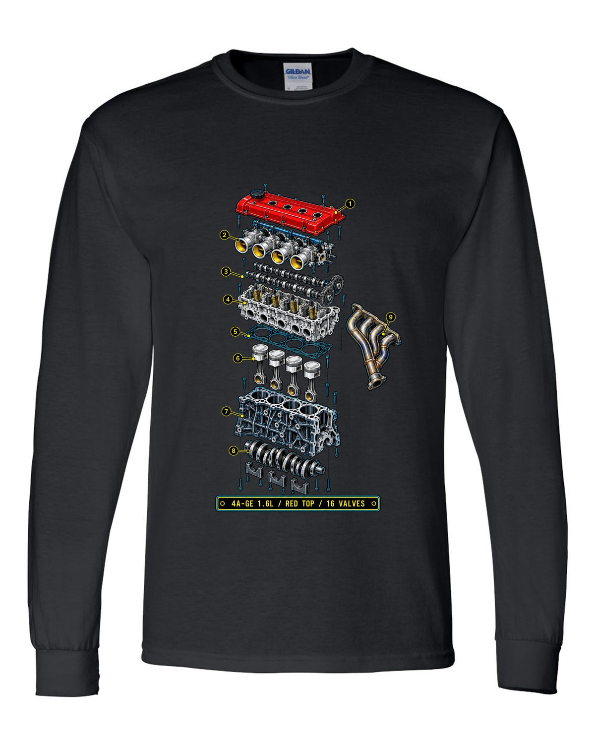 Blueprint exploded diagram of the Toyota AE86 Corolla Levin 4A-GE 1.6L engine black long sleeve front view with the design
