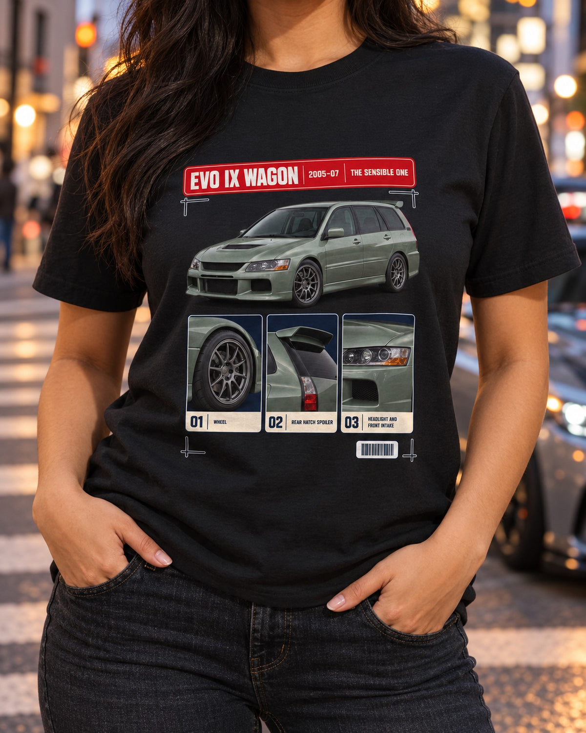 Lancer Evolution IX Wagon GT Dossier Shirt, Sensible Evo T-Shirt Black worn hero
