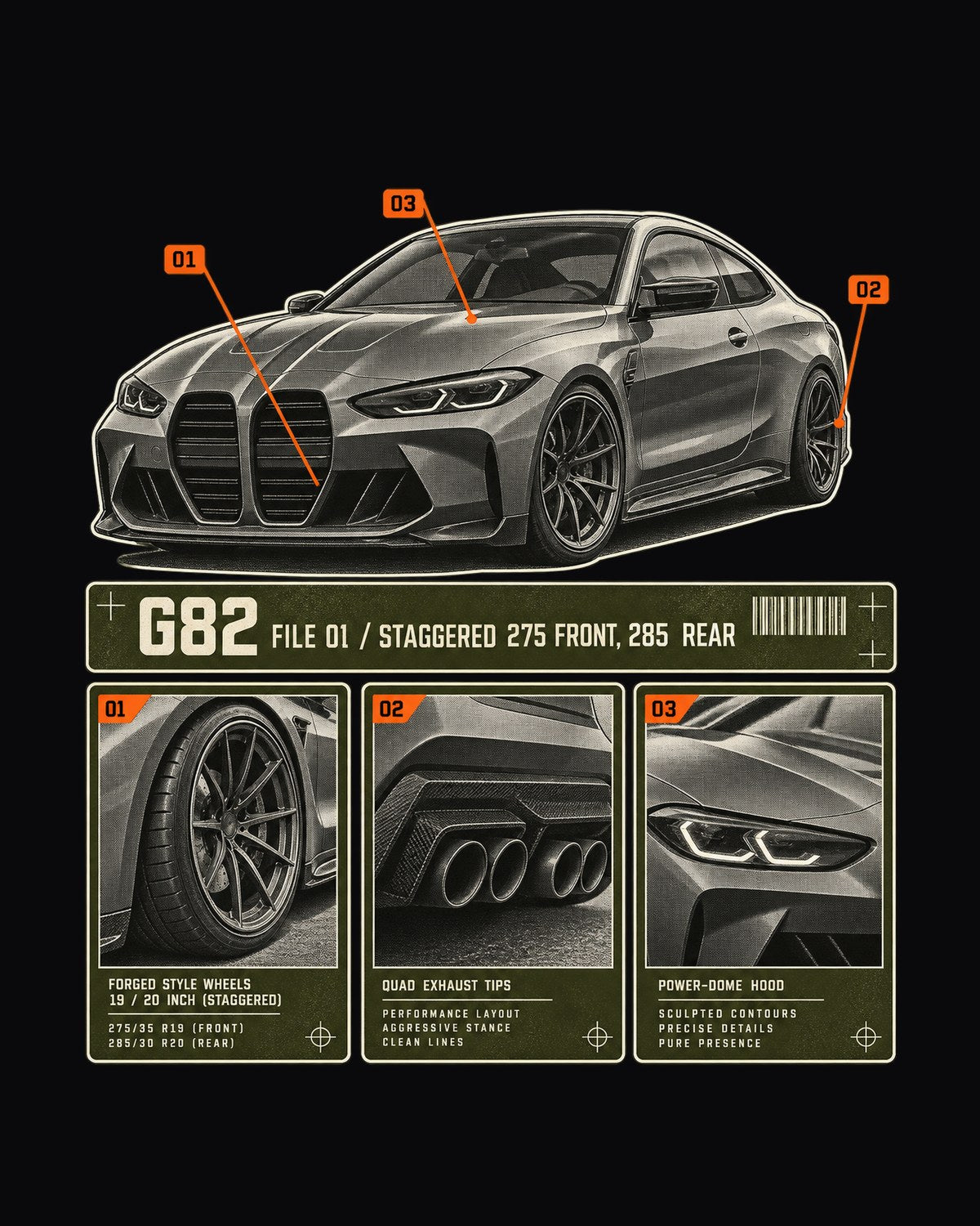 M4 Competition G82 Dossier Panels Shirt, Staggered Tyre Sizes design only