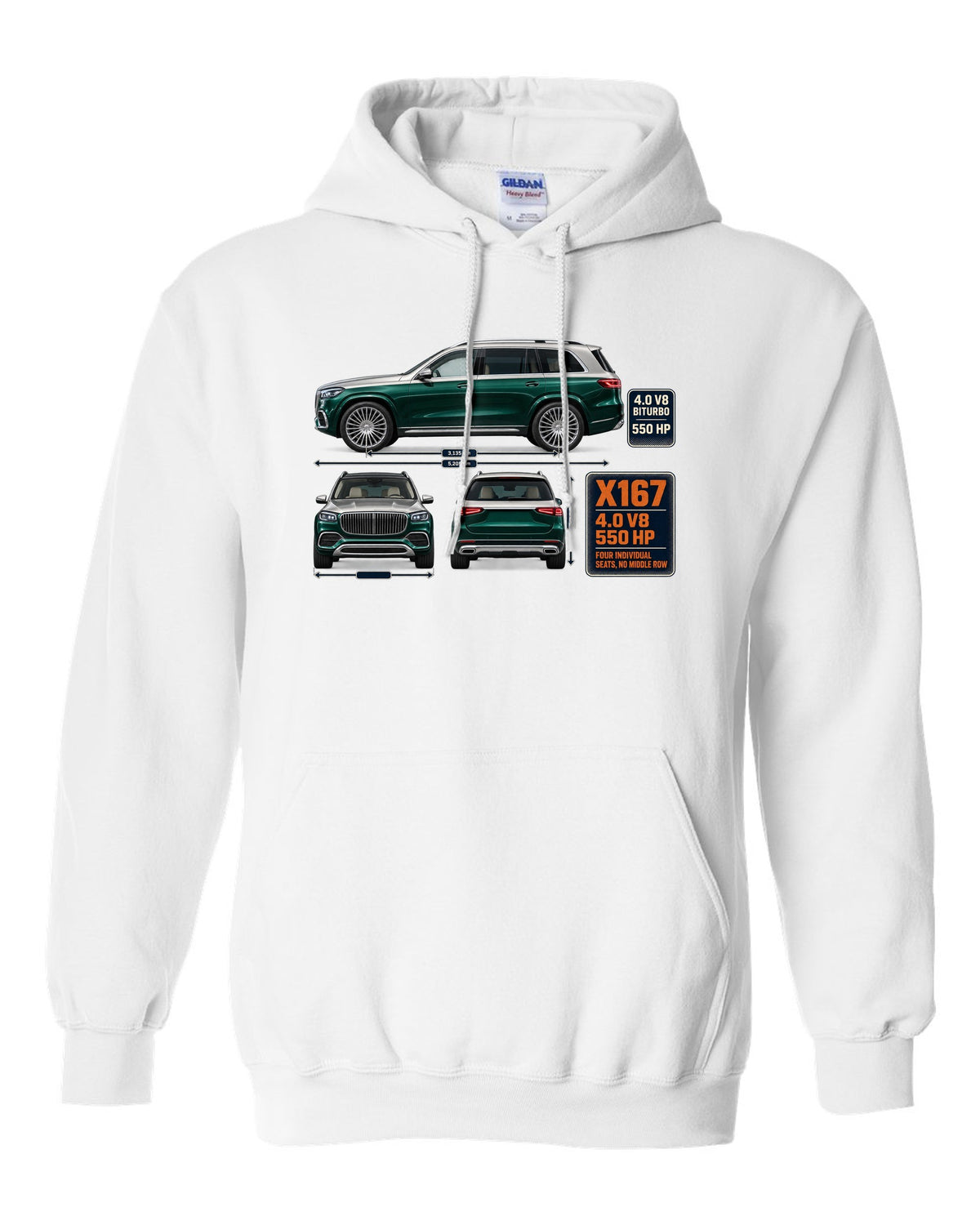Mercedes-Maybach GLS 600 X167 three-view spec print in obsidian green and silver white pull over hoodie front view with the design