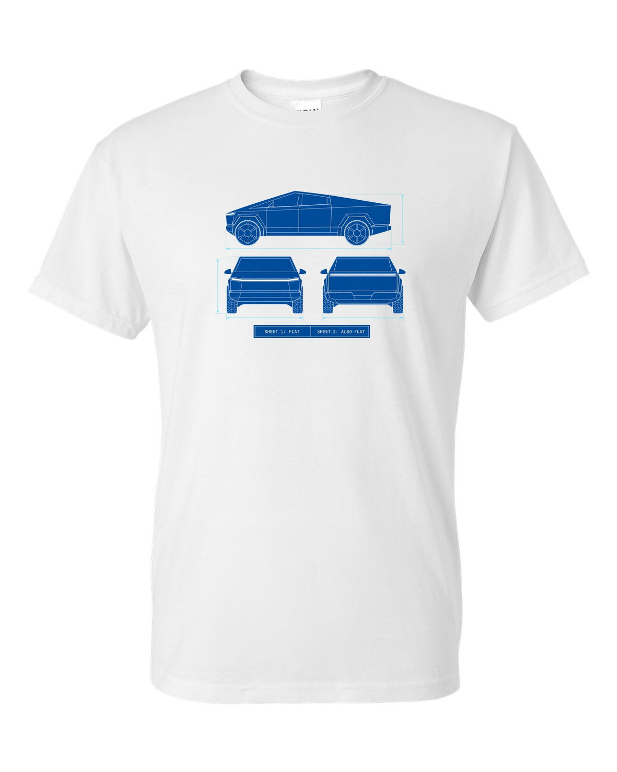 Technical blueprint line art of a 2023 Tesla Cybertruck with Sheet 1 Flat and Sheet 2 Also Flat lettering white t-shirt front view with the design