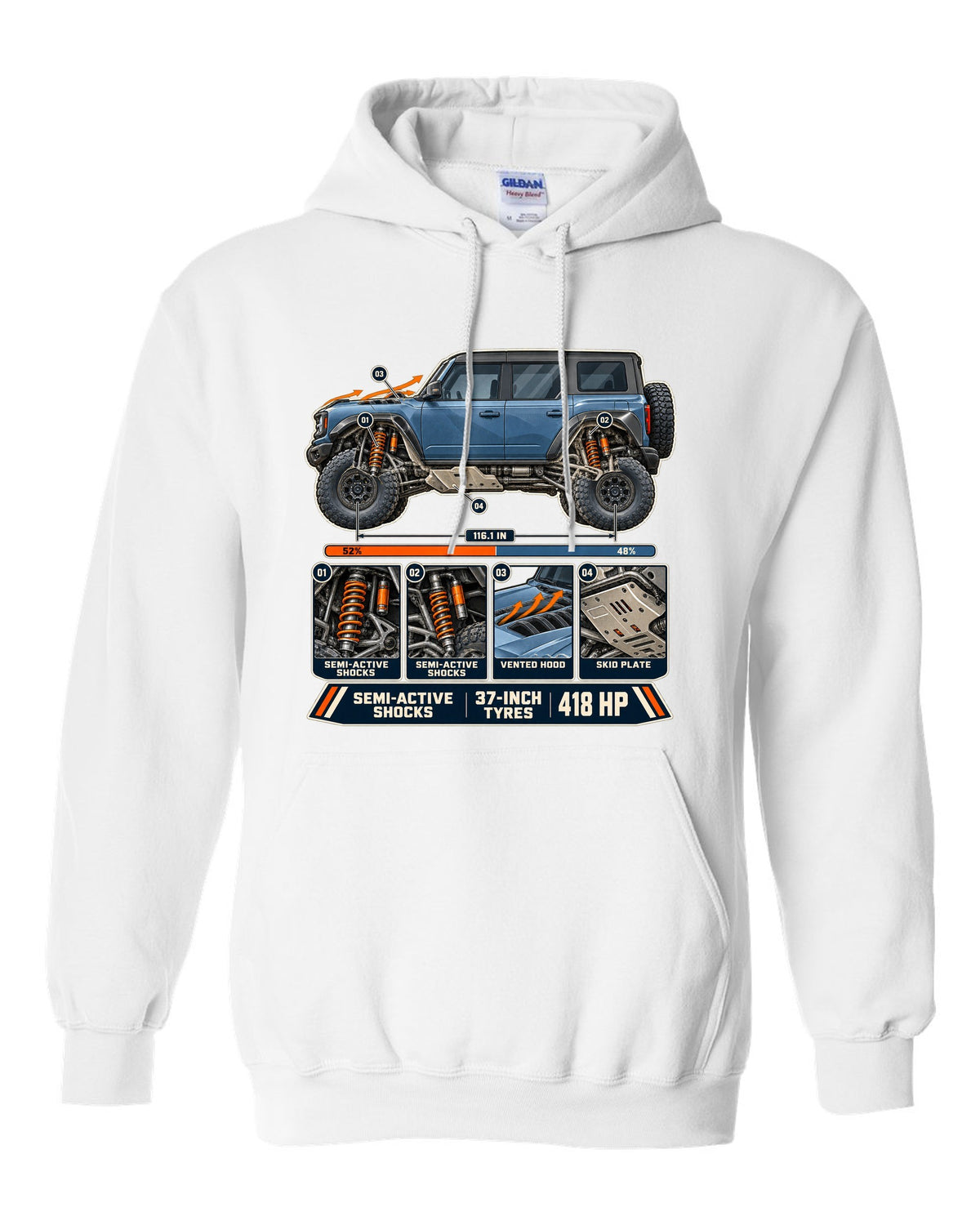 Ford Bronco Raptor suspension cutaway with callouts print white pull over hoodie front view with the design