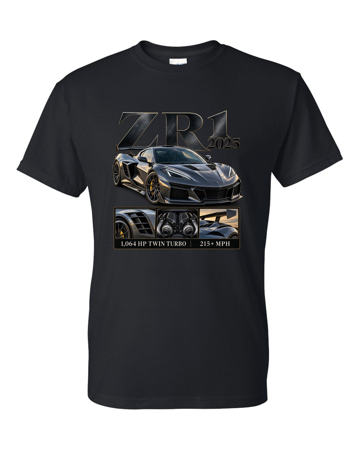 Corvette C8 ZR1 2025 with large fender vents, archive panel black t-shirt front view with the design