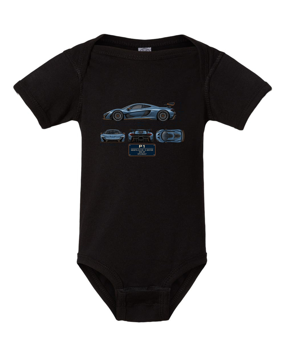 Steel blue dimension blueprint print of a McLaren P1, M838TQ V8 plus e-motor black baby onesie front view with the design